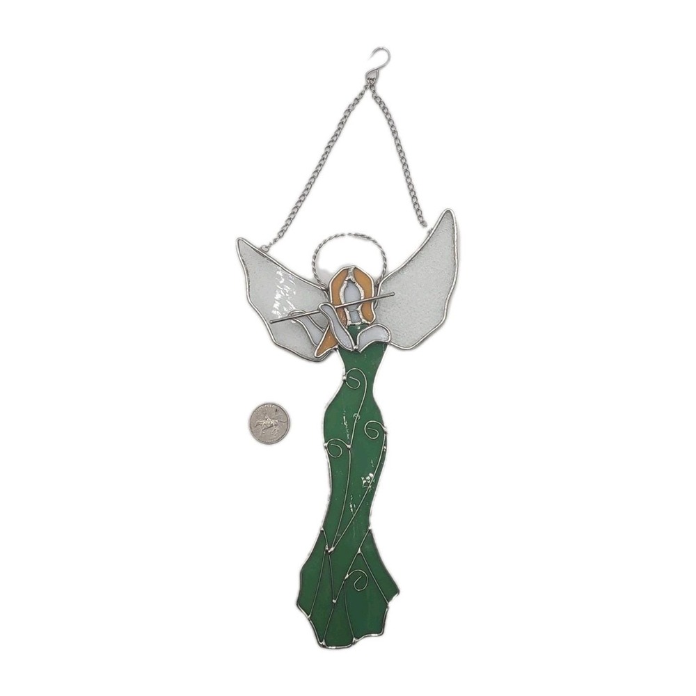 Vintage Metal White Green Yellow Stained Glass Angel Suncatcher Playing Flute